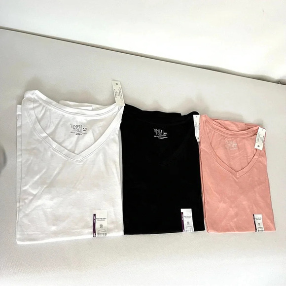 Time and Tru Tops - Lot of 3 T-Shirt Pima Cotton V-Neck Size XXLarge (20) Relaxed White /Black/Pink